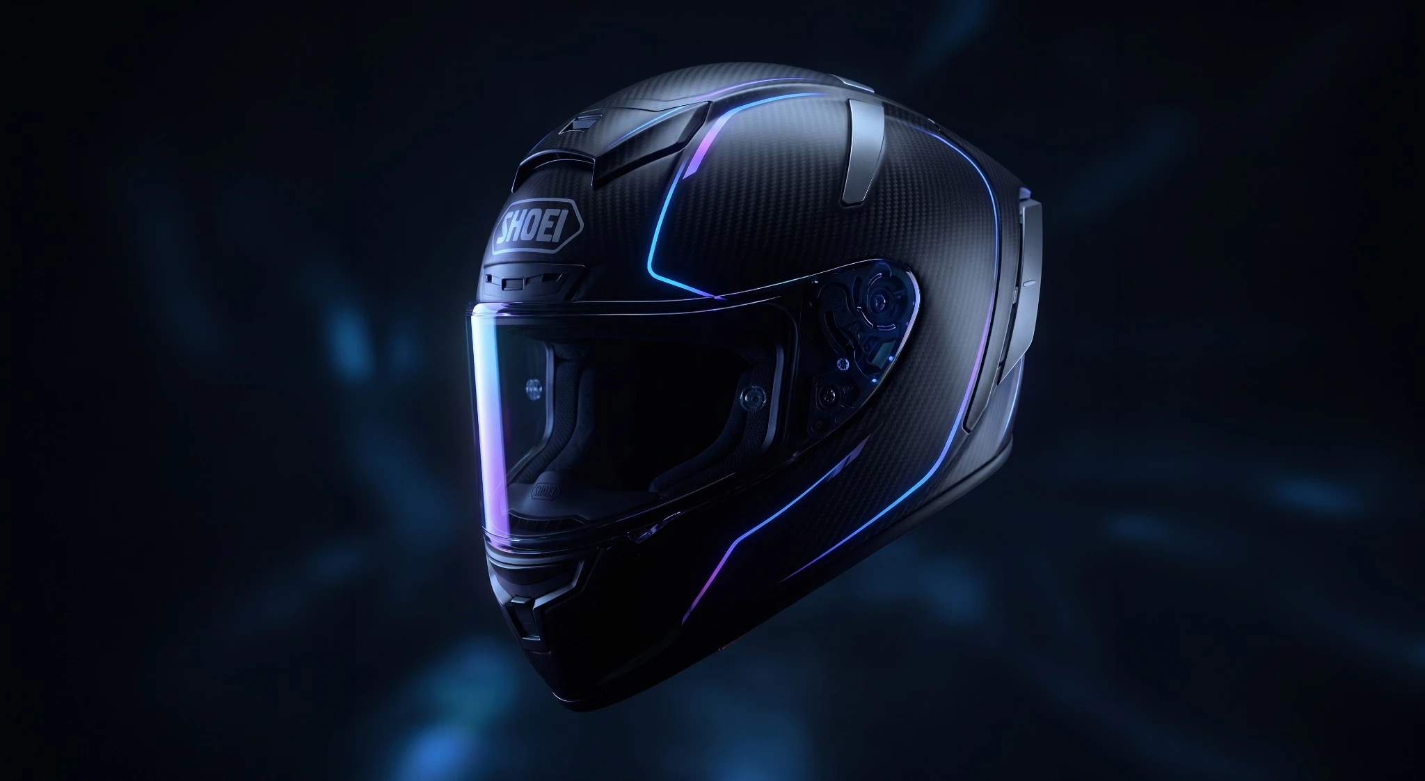 Carbon-fiber helmet concept with blue and purple light accents
