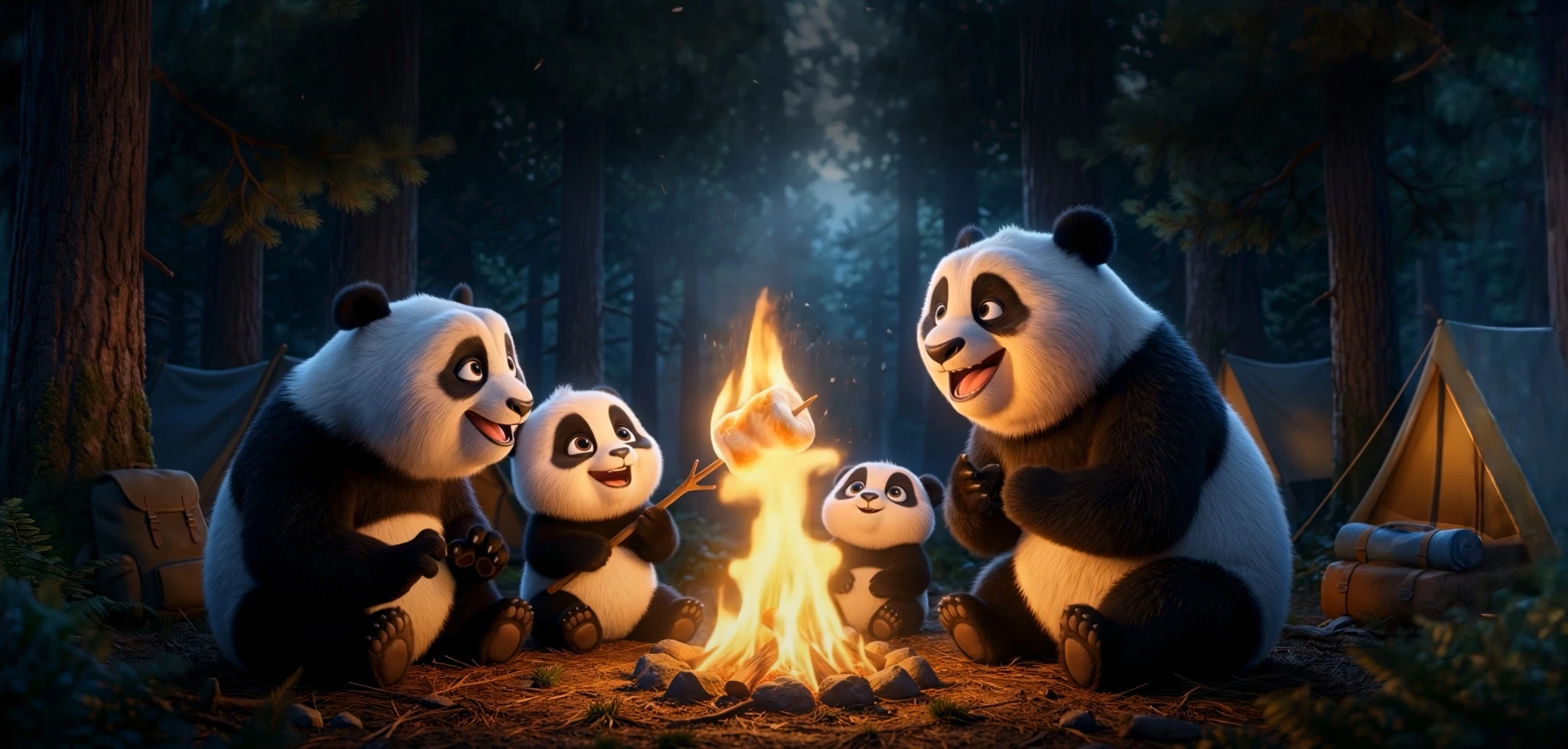 Panda family gathered around a campfire, used as the animation starting frame
