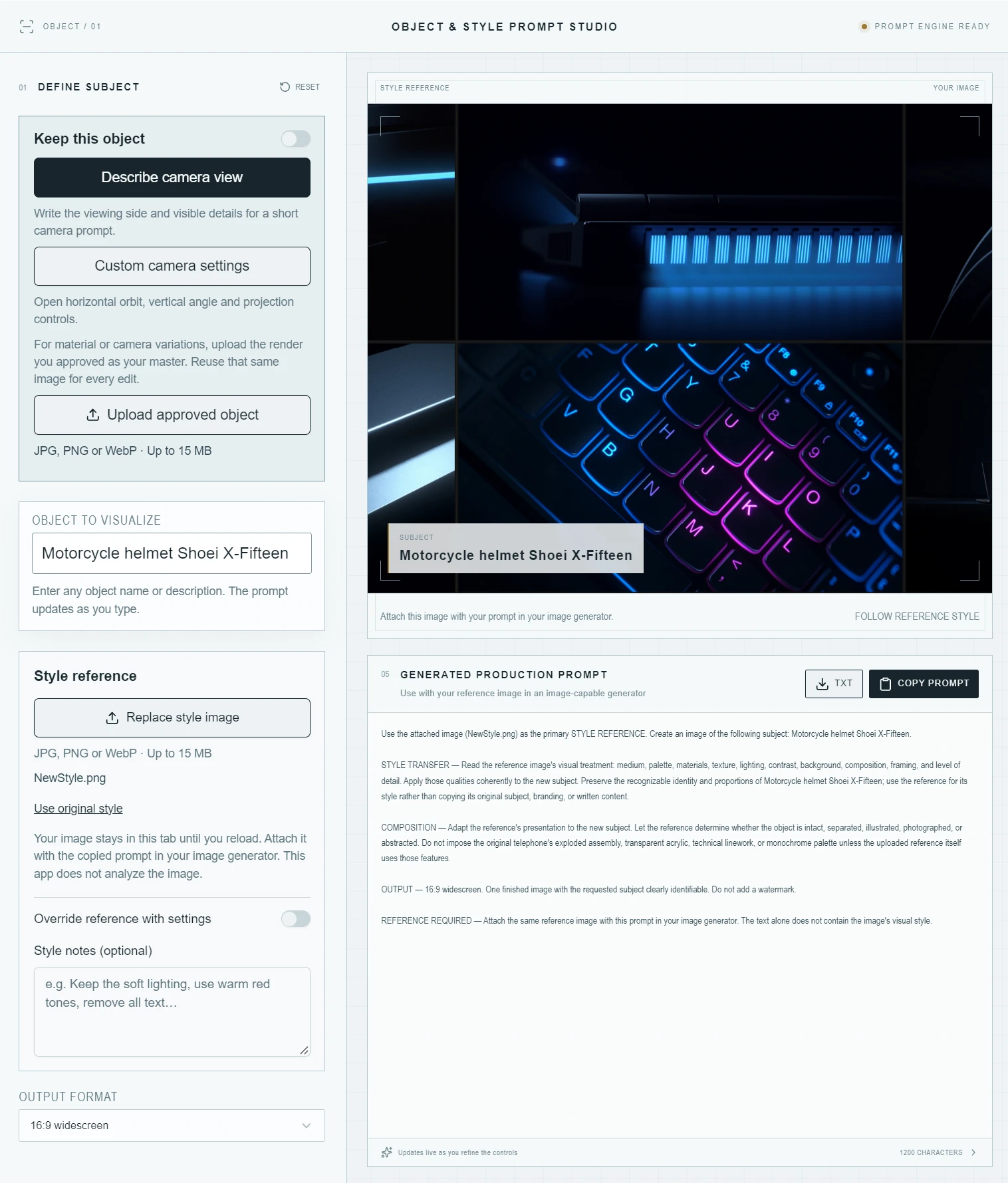Prompt tool showing a blue and purple style reference, Shoei helmet subject and generated production prompt