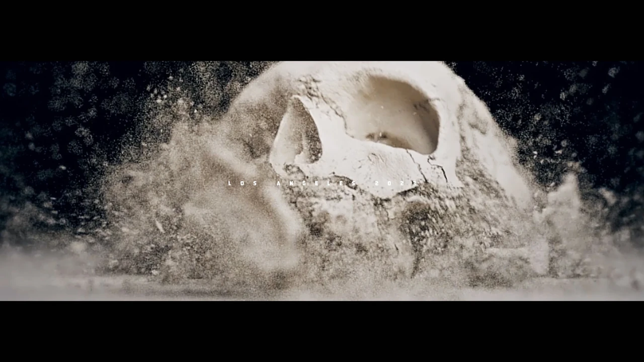 A skull dissolving into a cloud of particles