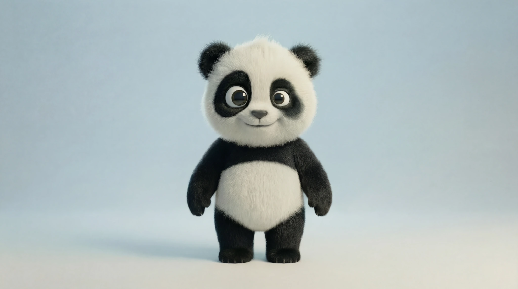 Locked Panda character reference with no visible teeth on a soft blue background