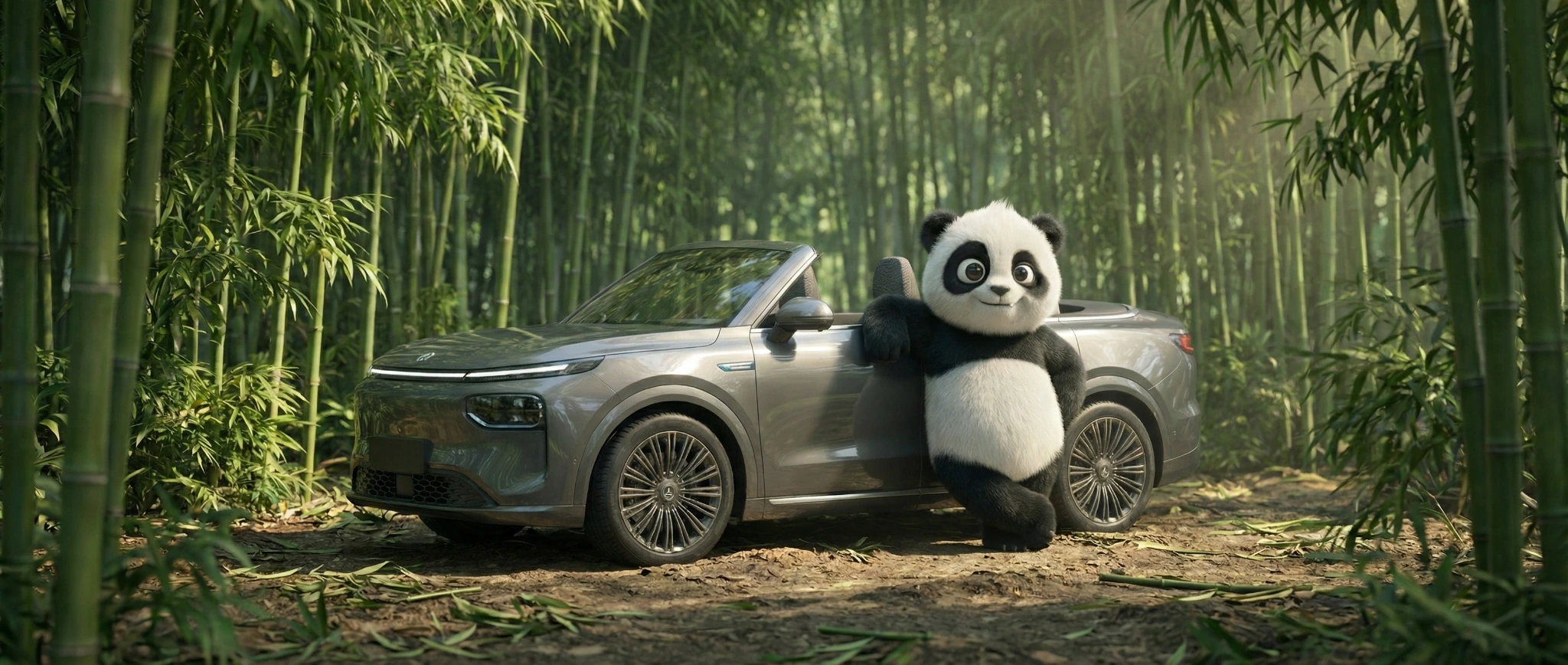 Panda leaning against a silver convertible in a sunlit bamboo forest