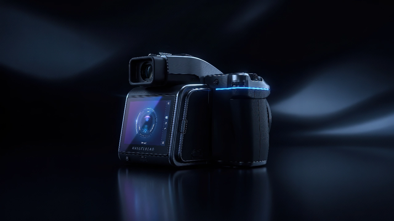 A camera design study with dark materials and blue light accents