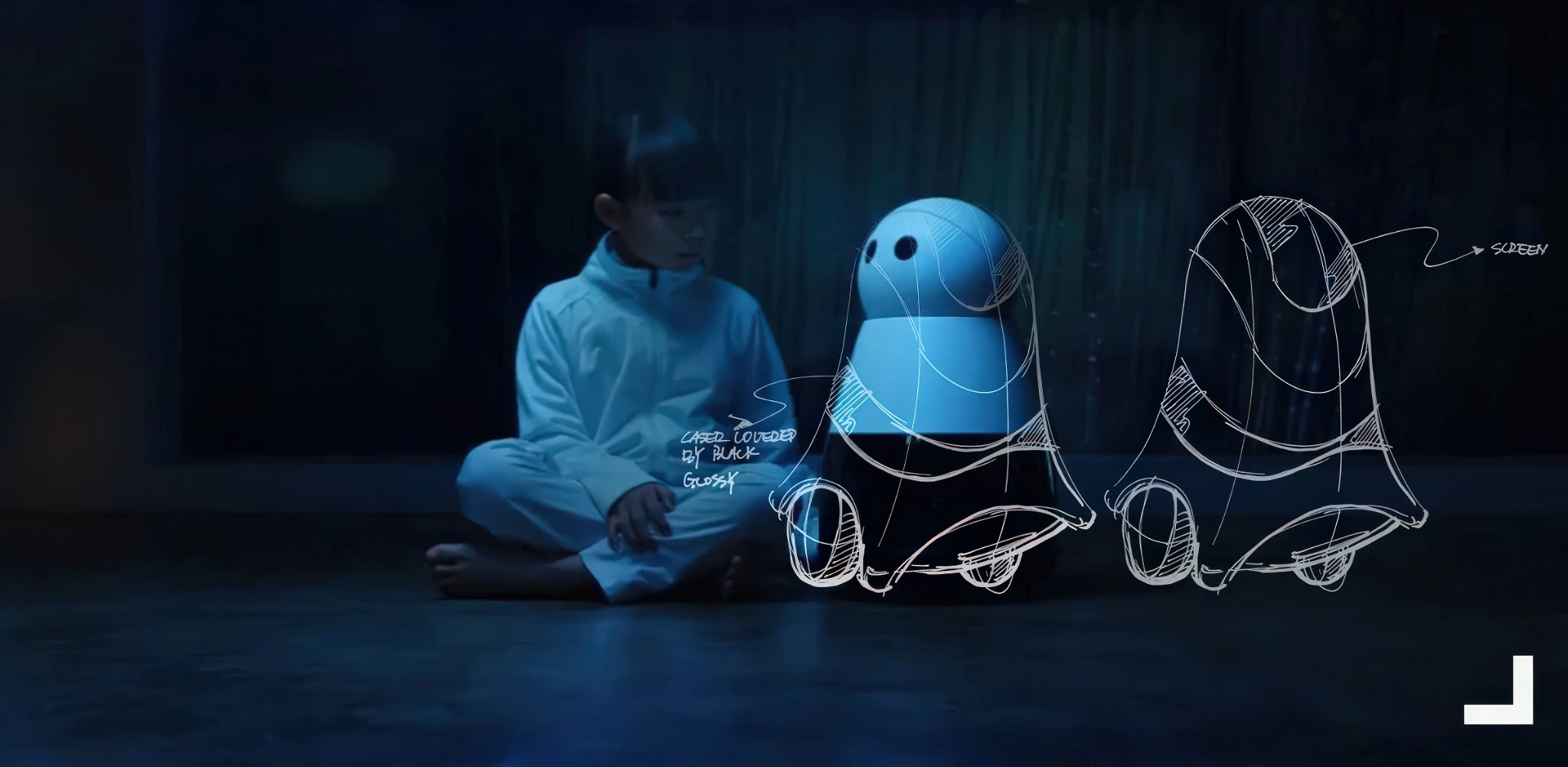 Home robot beside a child, overlaid with iXi design sketches