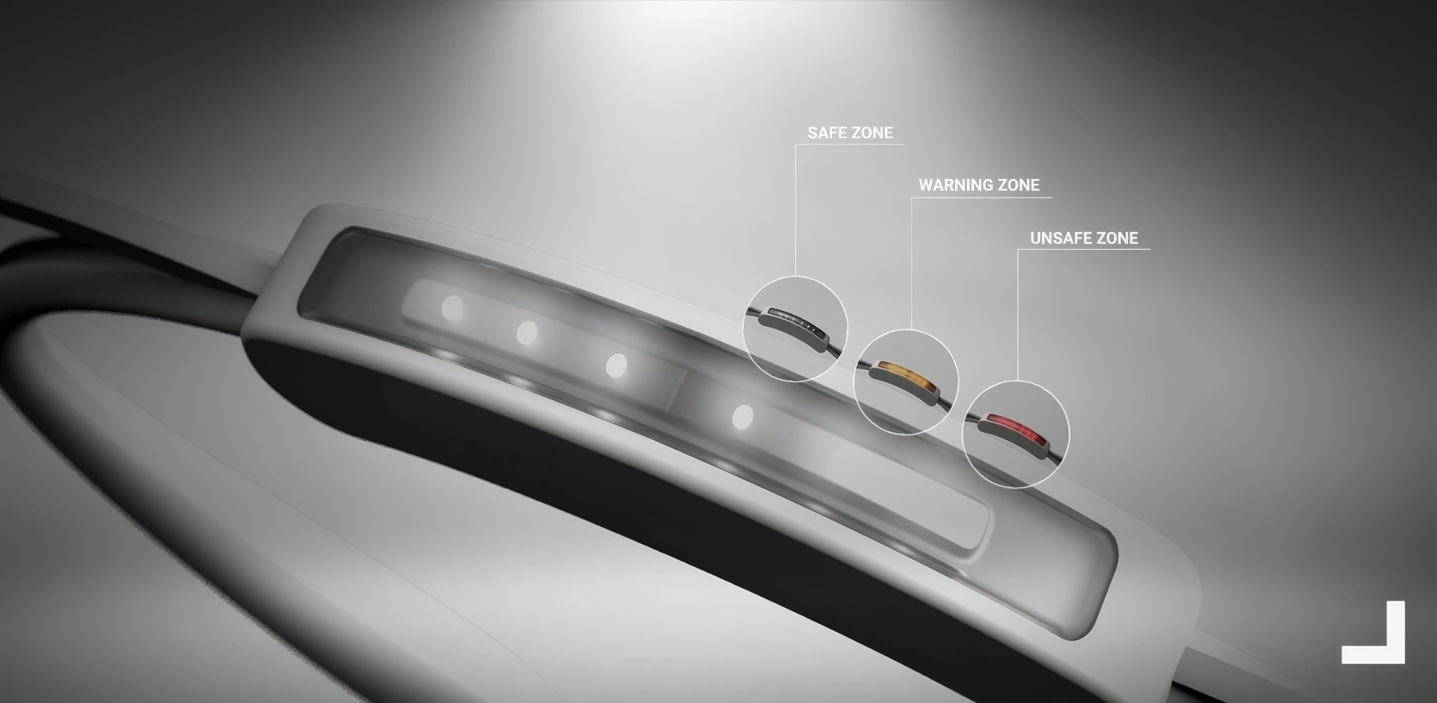 Wearable proximity device showing safe, warning and unsafe feedback zones