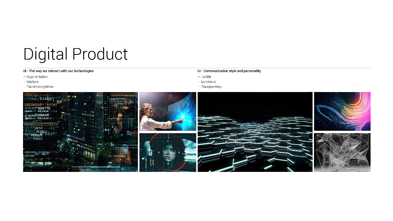 Faraday Future digital product vision board showing references for augmentation, gesture, facial recognition, tactile response, light and transparency